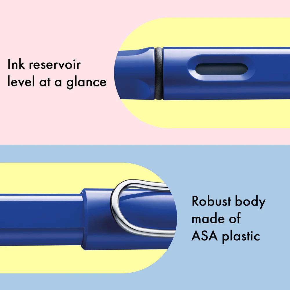 Fountain pen, icon, global success: the LAMY safari has been a beloved classic since its introduction in the 1980s and enjoys a cult status untypical for a writing instrument. Countless colours and ever-changing special editions make hearts beat faster - whether for the pencil case or the carefully curated fountain pen collection.
The LAMY safari is more than the sum of its details: it is aesthetic, robust and individual. The distinctive, self-sprung clip keeps the writing instrument securely fastened in p