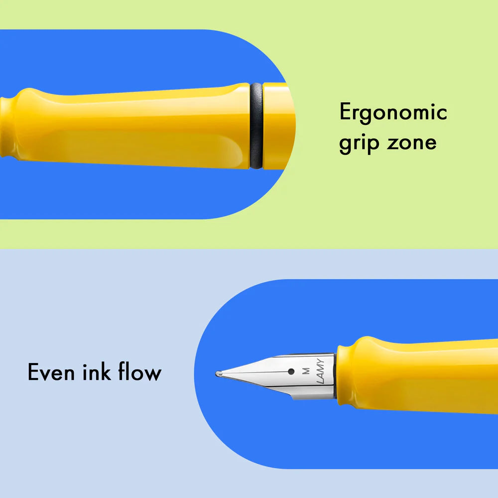 Fountain pen, icon, global success: the LAMY safari has been a beloved classic since its introduction in the 1980s and enjoys a cult status untypical for a writing instrument. Countless colours and ever-changing special editions make hearts beat faster - whether for the pencil case or the carefully curated fountain pen collection.
The LAMY safari is more than the sum of its details: it is aesthetic, robust and individual. The distinctive, self-sprung clip keeps the writing instrument securely fastened in p