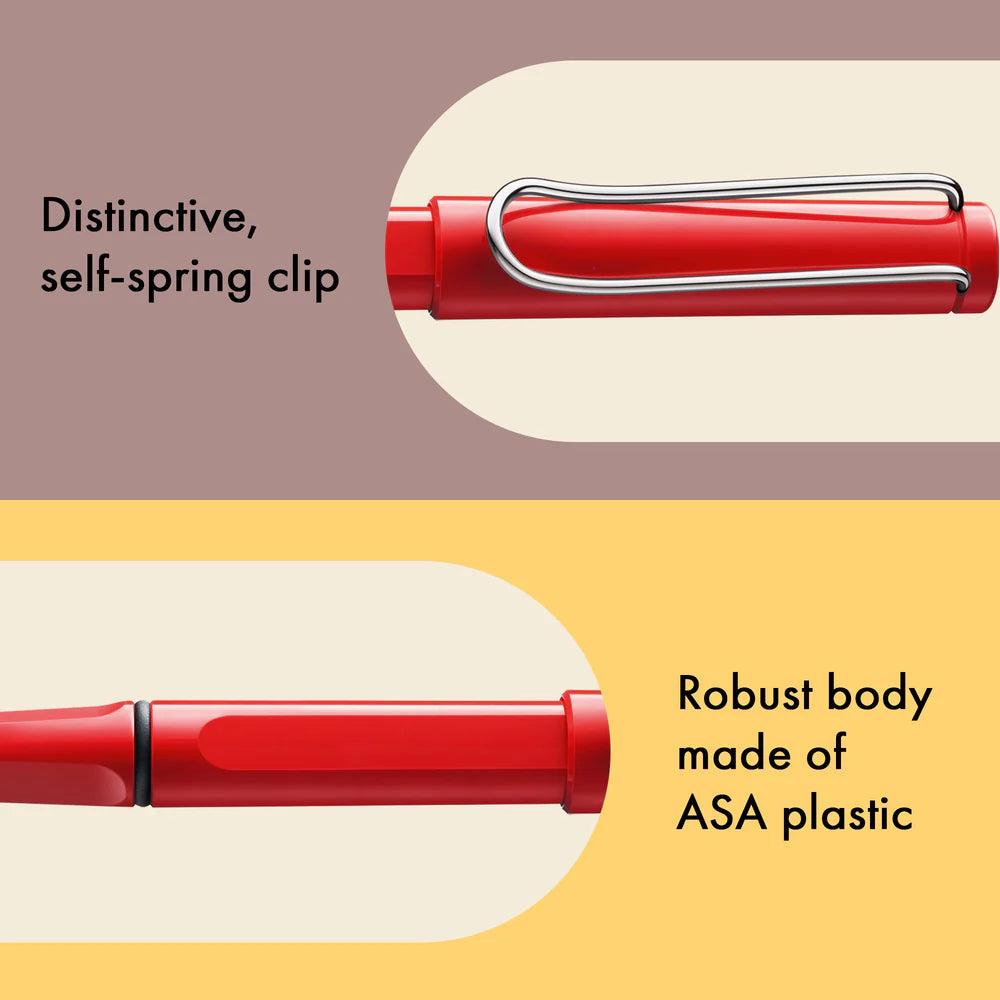 Fountain pen, icon, global success: the LAMY safari has been a beloved classic since its introduction in the 1980s and enjoys a cult status untypical for a writing instrument. Countless colours and ever-changing special editions make hearts beat faster - whether for the pencil case or the carefully curated fountain pen collection.
The LAMY safari is more than the sum of its details: it is aesthetic, robust and individual. The distinctive, self-sprung clip keeps the writing instrument securely fastened in p