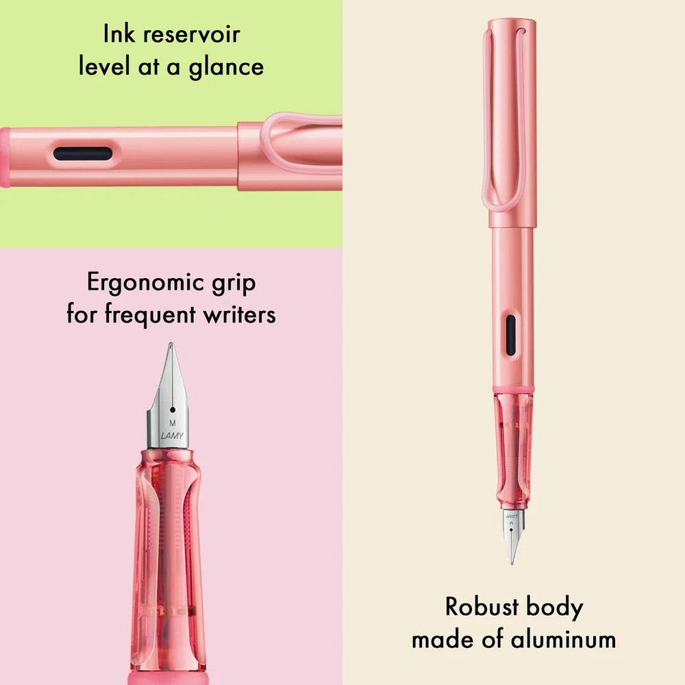 LAMY Special Edition AL-Star Fountain Pen - Flamingo
Light, lighter, LAMY AL-star: the writing classic made of resistant aluminium masters all challenges of everyday life in style. The transparent grip lies comfortably in the hand and, with an unobstructed view of the ink duct, turns the functional into a visual highlight. The series is ever inspiring with new special editions in current trendy colours and is thus an inspiring must-have in any pencil case.
Lightweight fountain pen with polished steel nib