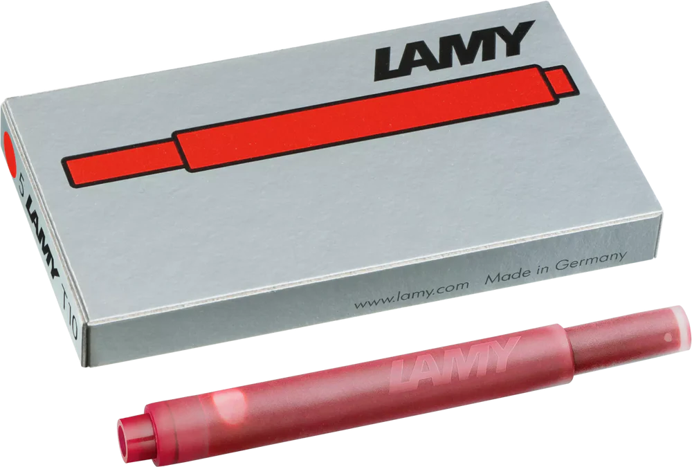 With their intense colors and long range, the LAMY T10 large capacity ink cartridges ensure pleasant, even writing - whether in everyday life, in the office, or at school. The ink cartridges offer an even flow and provide a smooth, precise writing experience for stylish writing without scratches. These ink cartridges fit all Lamy fountain pens, except the LAMY 2000.
Includes 5 cartridges with a 1.25ml capacity in each pack.