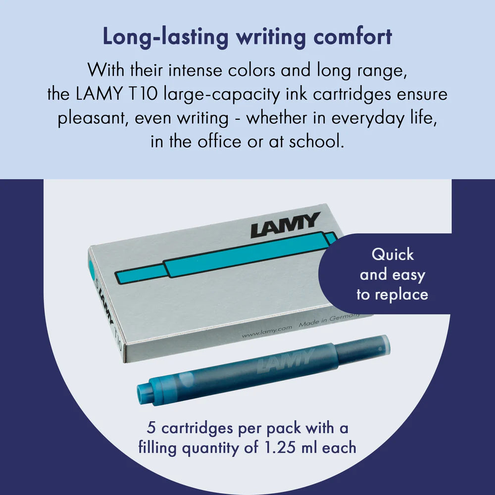 With their intense colors and long range, the LAMY T10 large capacity ink cartridges ensure pleasant, even writing - whether in everyday life, in the office, or at school. The ink cartridges offer an even flow and provide a smooth, precise writing experience for stylish writing without scratches. These ink cartridges fit all Lamy fountain pens, except the LAMY 2000.
Includes 5 cartridges with a 1.25ml capacity in each pack.