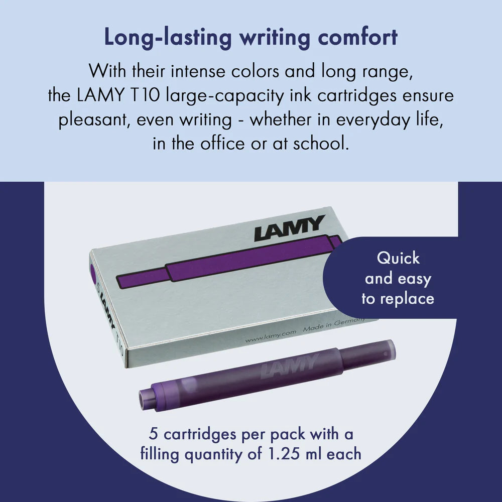 With their intense colors and long range, the LAMY T10 large capacity ink cartridges ensure pleasant, even writing - whether in everyday life, in the office, or at school. The ink cartridges offer an even flow and provide a smooth, precise writing experience for stylish writing without scratches. These ink cartridges fit all Lamy fountain pens, except the LAMY 2000.
Includes 5 cartridges with a 1.25ml capacity in each pack.