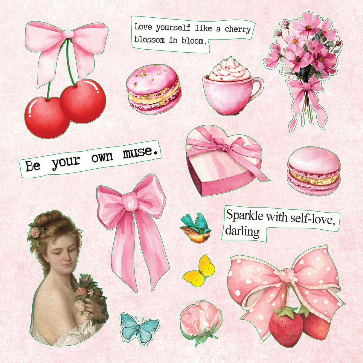 Celebrate the power of all things pink and pretty with this fun and flirty sticker book!
50 vibrant pages brim with more than 800 stickers, all featuring a feminine flourish!
Eclectic assortment spans a diverse range: Buttons, bows, and berries; kittens and cupcakes; hearts and flowers; vintage delights; plus an assortment of beautiful borders, labels, uplifting phrases, and more!