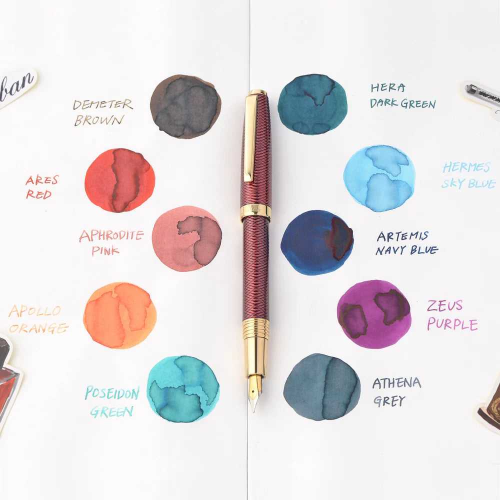 Immerse your writing in mythic beauty with Laban’s Greek Mythology fountain pen inks. Each 50ml bottle is inspired by the gods of Olympus, with packaging featuring beautifully illustrated deities holding pens.
There are two collections—Greek Mythology I and II—each with five richly saturated, pH-neutral, and fountain pen-friendly colors
Series I: Apollo Orange, Artemis Navy, Aphrodite Pink, Demeter Brown, Poseidon Green Series II: Ares Red, Hermes Sky-Blue, Athena Gray, Hera Dark-Green, Zeus Purple
Each