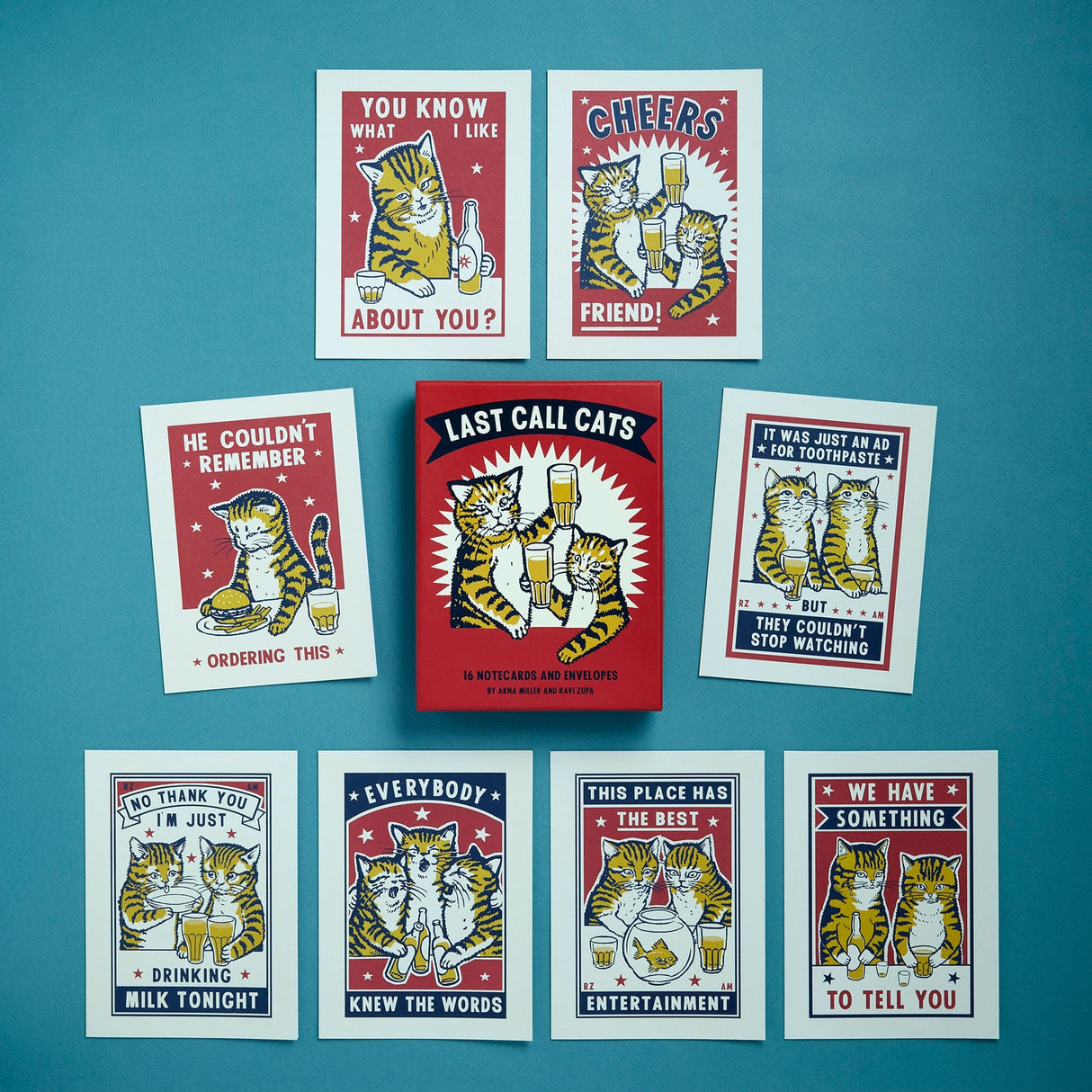 It's a cat's night out with these hilarious and irreverent notecards for any occasion!
While the rest of the world sleeps, these cats are out for a night on the town—and all the fun and embarrassing situations that come with it! These 16 unique, highly shareable notecards feature bar-crawling, beer-drinking cats, ready for any event. So choose some fancy beer, have a clumsy dance party, and celebrate the late night with these cats!