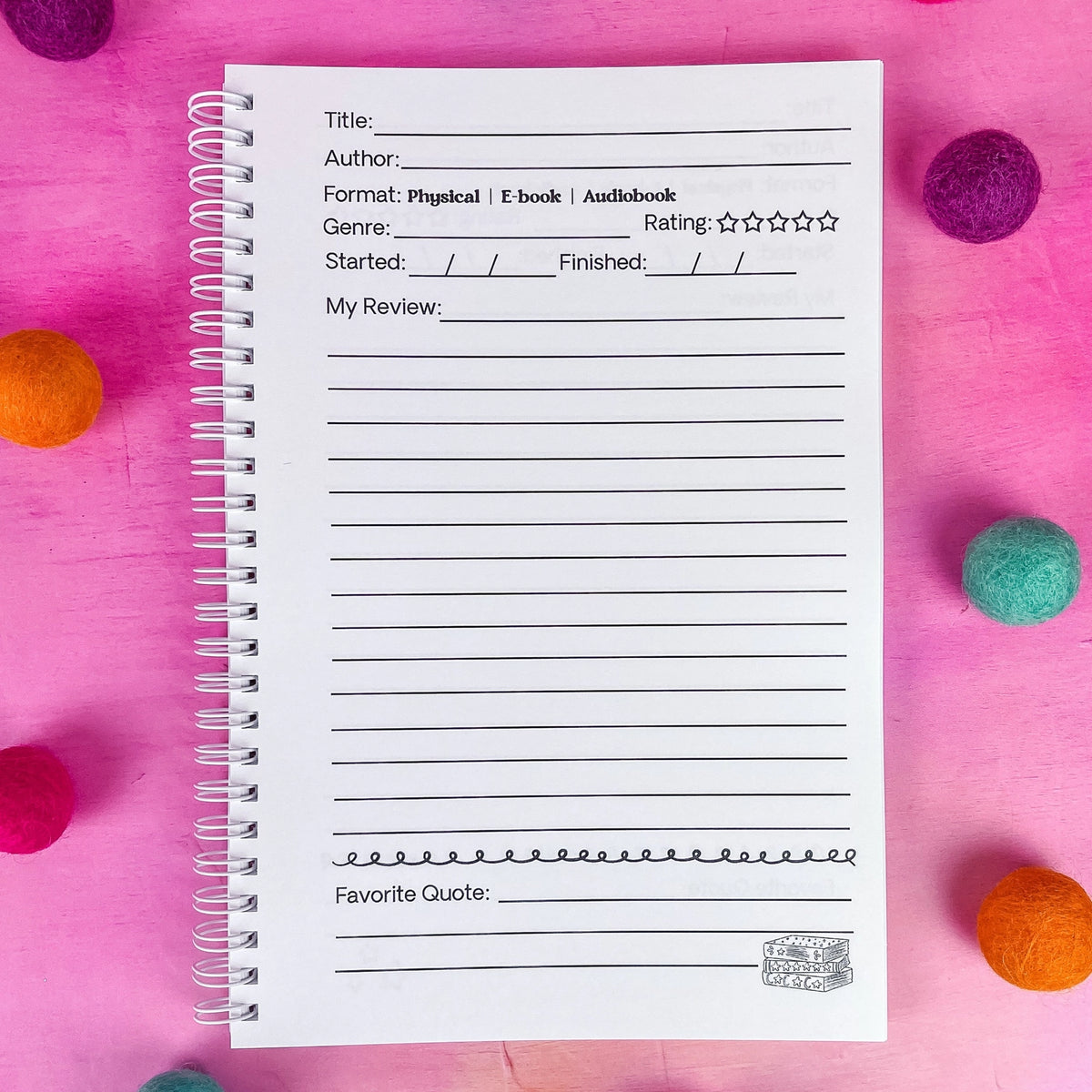 Keep track of your book reviews with this cute book review journal. There are 100 pages for different book reviews. Each review page includes the Title, Author, Start and Finish Dates, Star Rating, Favorite Quote area and your Review!
*DETAILS*
Size: 6x9"
Paper: 80lb interior paper
Wire coil binding
Gloss laminate cover