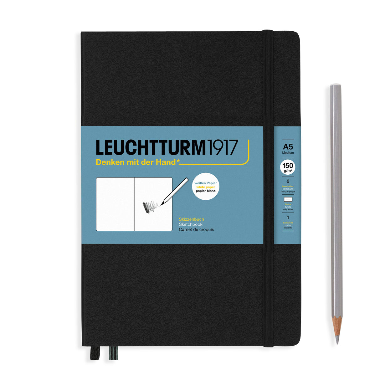 Sketching mental images, portraying people, drawing landscapes, painting, scribbling, shading, colouring and capturing what we see on paper, whenever something inspires us. All of this is now possible on our upgraded paper quality. 112 pages, 150g white paper; ideal for use with pencil, charcoal, chalk and ink. In addition to the Medium (A5) and Master (A4+) sizes, our new sketchbooks are now available in Medium (A5) Landscape and Square format. Four formats in four fresh colours.
