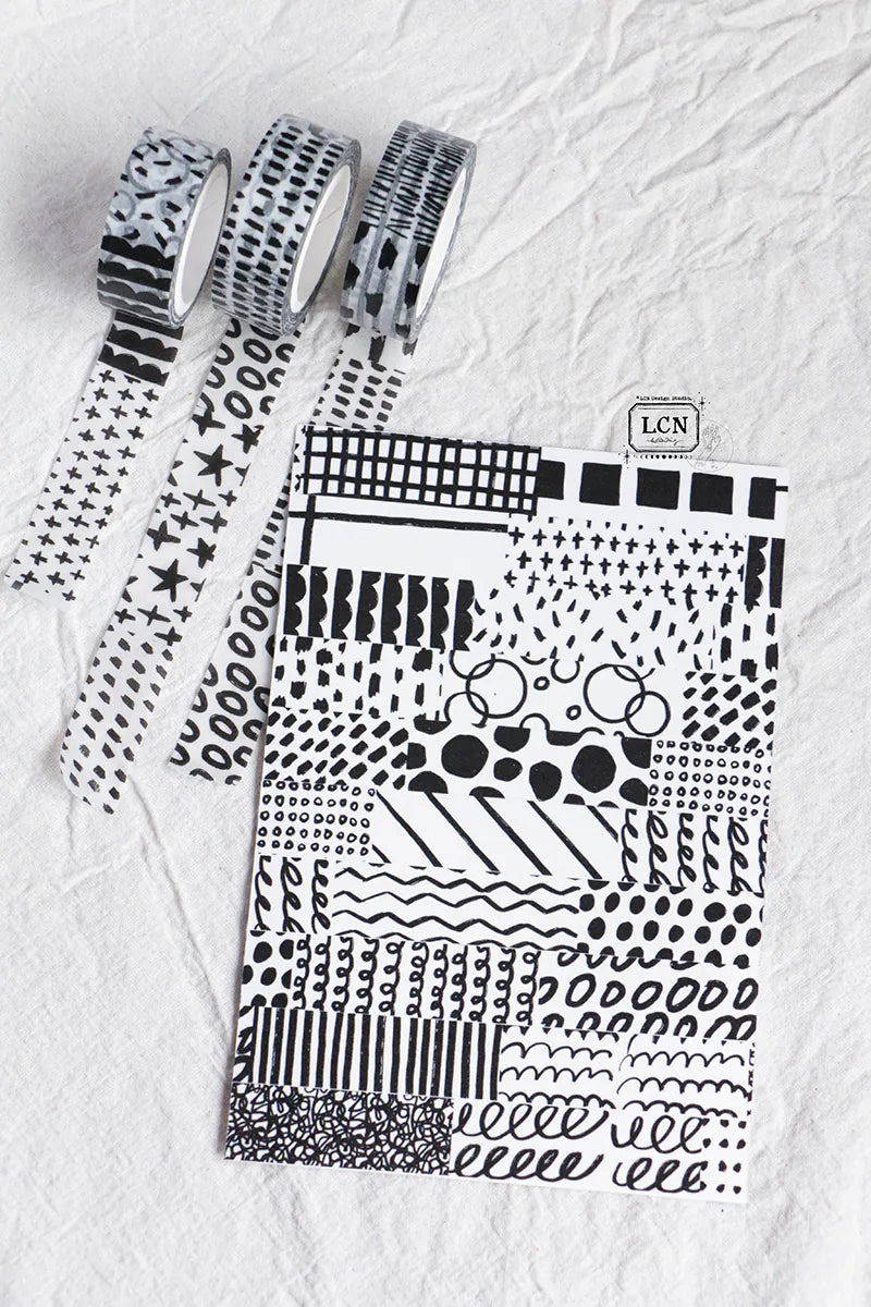 Lin Chia Ning Washi Tape - Hand-Drawn Patterns
This one is super simple -going back to the very beginning of washi tape. No backing paper, no kiss-cuts, just a pure, straightforward tape.
There are 45 different hand- draw doodie lines in total. I wanted it to feel free and effortless---just sticker it however your like. Use it as a background, decoration, or simply layer it on---everything works
Design by LinChiaNing
Made in Taiwan
Washi Tape
Width: 1.5cm / Length: 10m
L