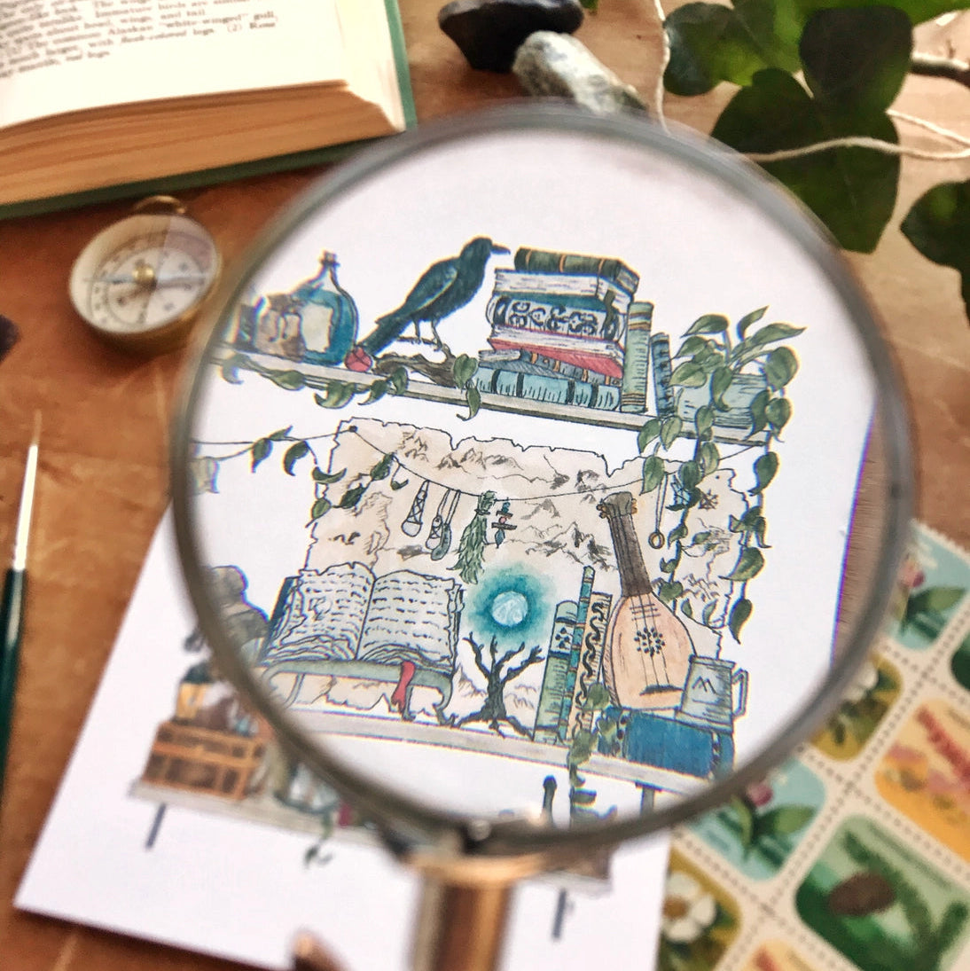 Postcard featuring my original watercolor and ink illustration of the oddities and books tucked away in the shelves of an intrepid adventurer, including a tiny dragon and a rather talkative raven.
• Printed on high quality card stock
• Each postcard measures 4.25 x 5.5" (A2)
