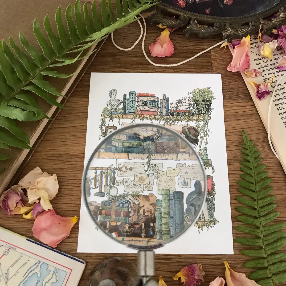 Postcard featuring my original watercolor and ink illustration of the vintage oddities and books tucked away in the shelves of an archaeologist, including a tiny lawn gnome! This painting was inspired by some of my favorite childhood movies, including Indiana Jones, the Mummy, and Jurassic Park.
• Printed on high quality card stock
• Each postcard measures 4.25 x 5.5" (A2)
