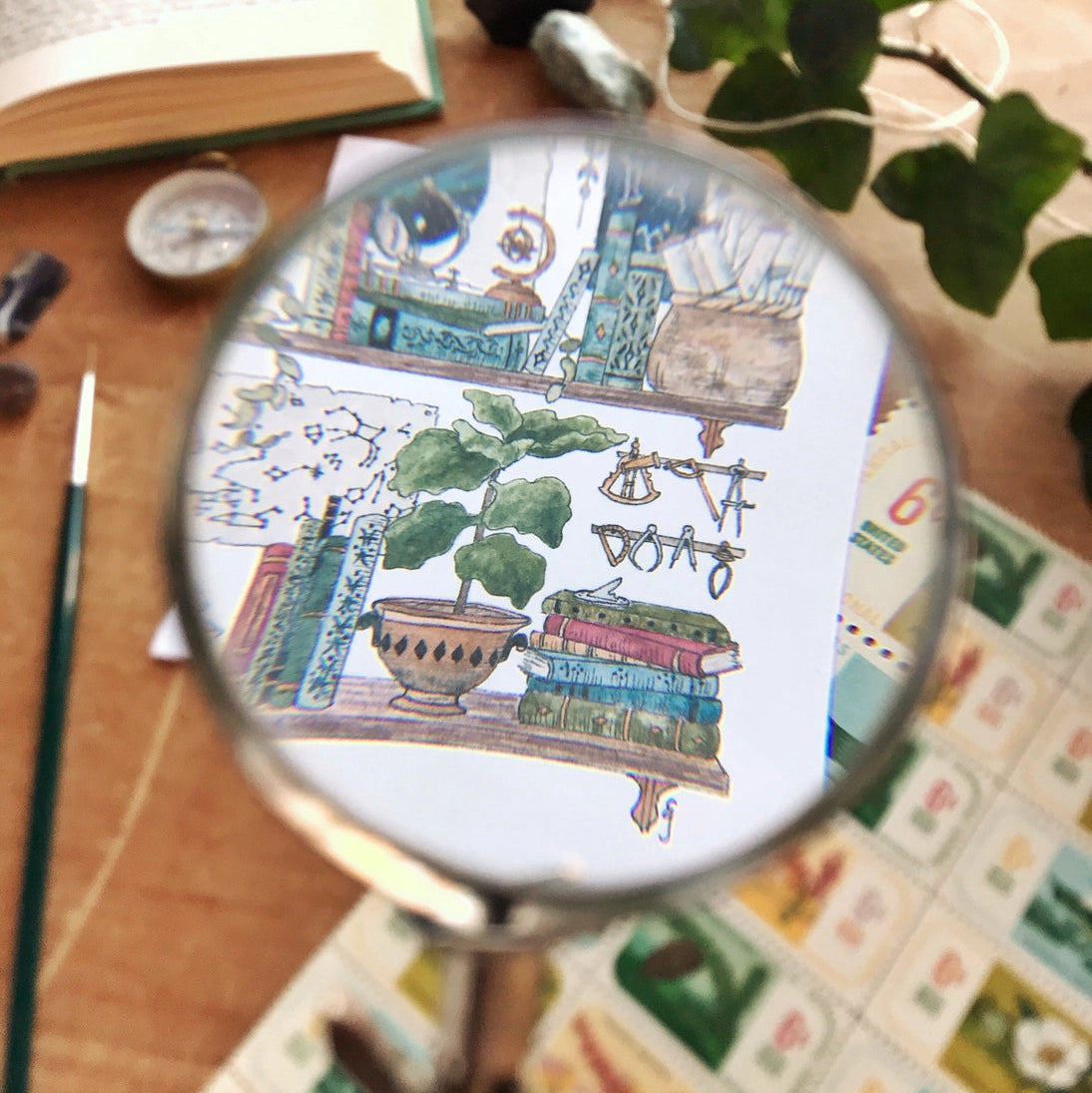 Postcard featuring my original watercolor and ink illustration of the oddities and books tucked away in the shelves of an inquisitive astronomer, including several star charts and a sleeping cat.
• Printed on high quality card stock
• Each postcard measures 4.25 x 5.5" (A2)
