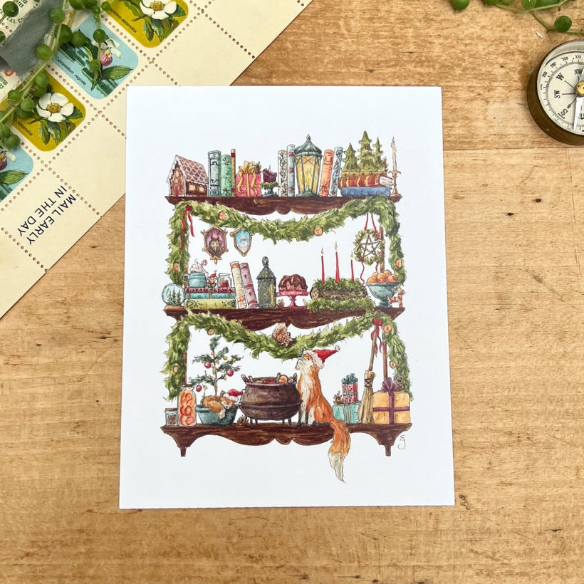 Postcard featuring my original watercolor and ink illustration of the magical foxes and delightfully whimsical holiday items arranged on the shelves of a Christmas witch, including a tiny mouse reading a book, beautifully wrapped presents, and portraits of the witch's friends.
• Printed on high quality card stock
• Each postcard measures 4.25 x 5.5" (A2)