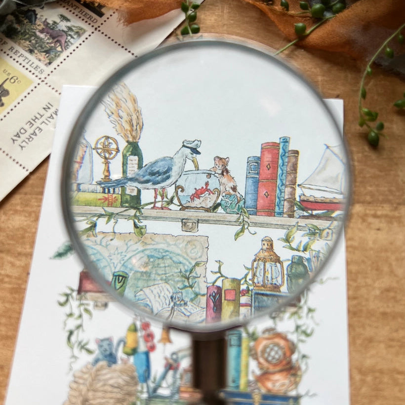 Postcard featuring my original watercolor and ink illustration of the oddities, books, and tools tucked away in the shelves of a vintage sailor, including an inquisitive seagull in a captain’s hat, a diving helmet, and a message in a bottle.
• Printed on high quality card stock
• Each postcard measures 4.25 x 5.5" (A2)