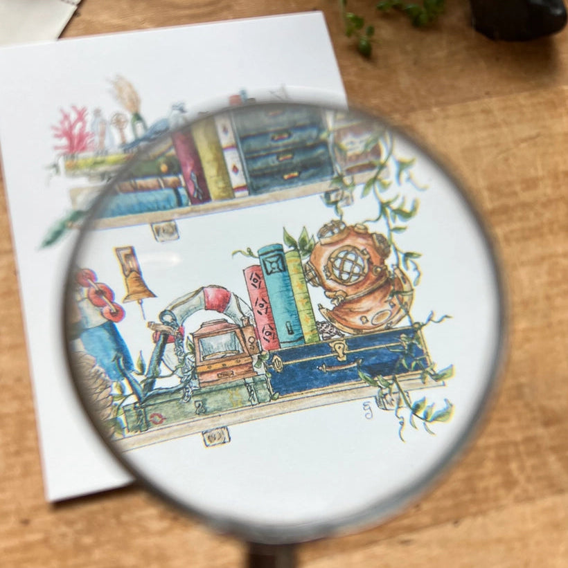 Postcard featuring my original watercolor and ink illustration of the oddities, books, and tools tucked away in the shelves of a vintage sailor, including an inquisitive seagull in a captain’s hat, a diving helmet, and a message in a bottle.
• Printed on high quality card stock
• Each postcard measures 4.25 x 5.5" (A2)