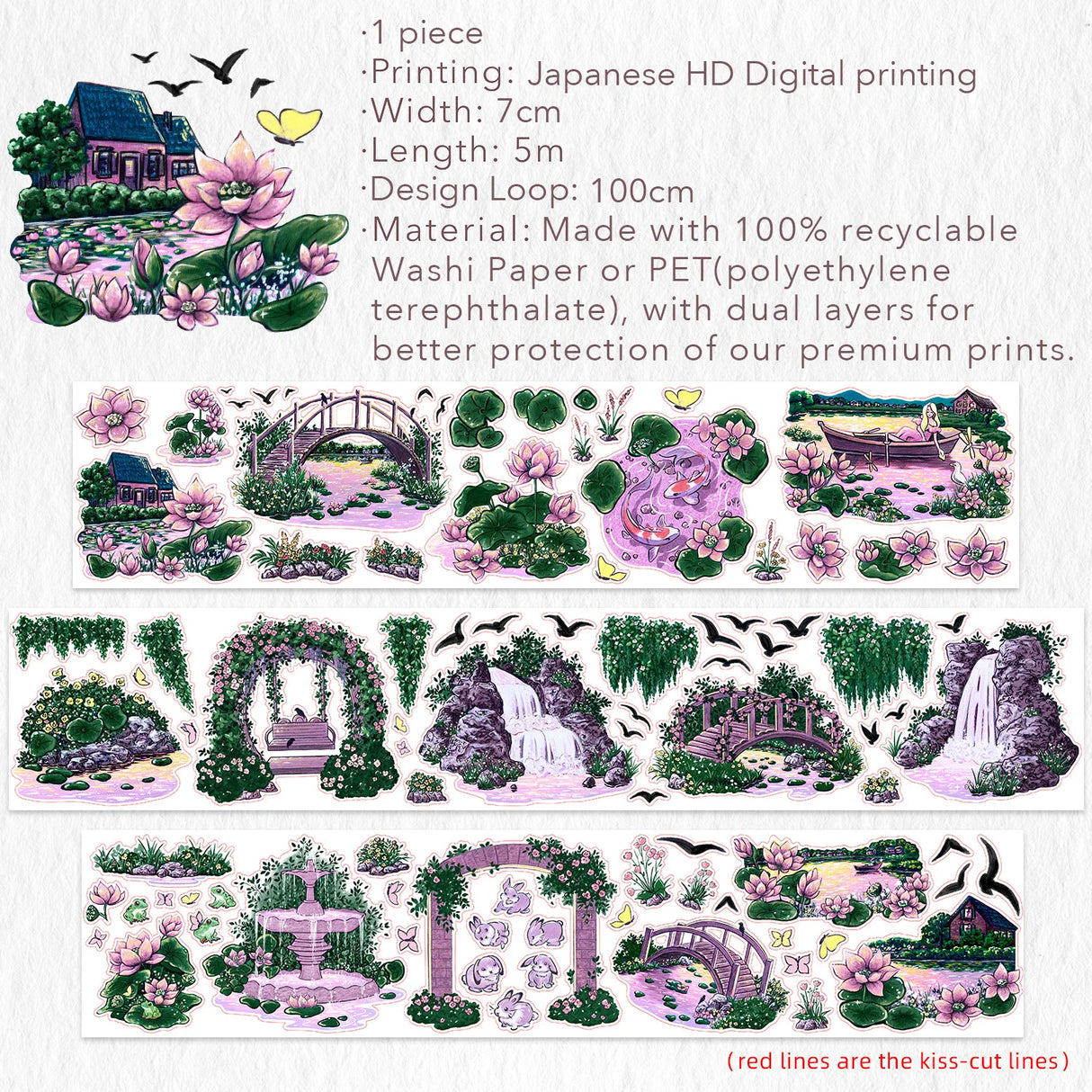 Build a world bathed in twilight magic with the Pre-cut Lotus Saga Wide Washi/PET Tape. As the sun sets, it casts a rosy spell over the entire garden, and this tape captures that exact moment of enchantment.
Brand: WT (The Washi Tape Shop)
Pre-cut Wide Washi/PET Tape
Size: 70mm×5m
Design Loop: 100cm
Material: Washi Tape / PET Clear Tape