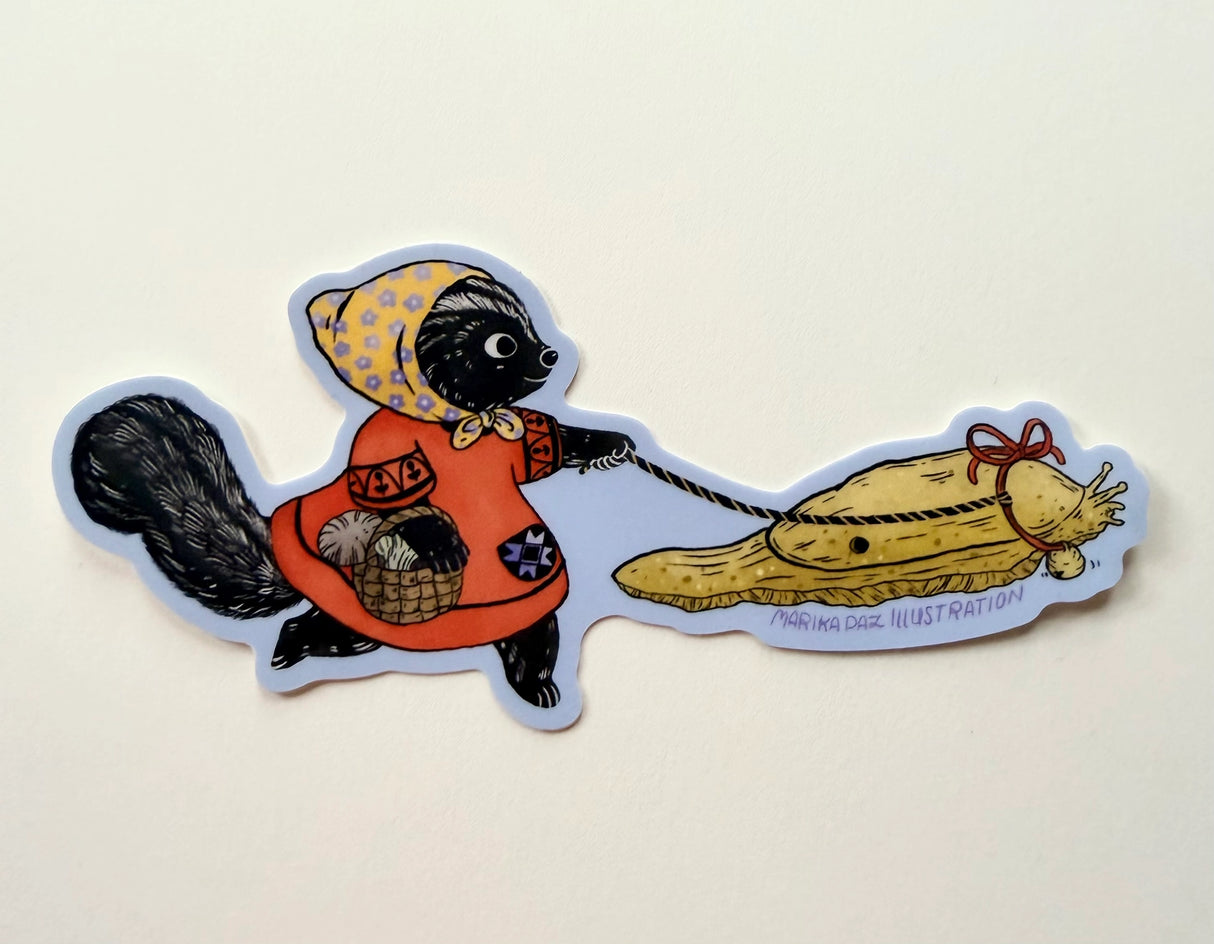 This Skunk and Slug are going for a walk.
This vinyl matte sticker is weather and waterproof-stick it on a notebook, bike, or car- it's going to stick around! Heck, throw it on a water bottle and through the dishwasher. This sticker can go anywhere. Sticker measures 4.74" x 2.75" Printed in USA.