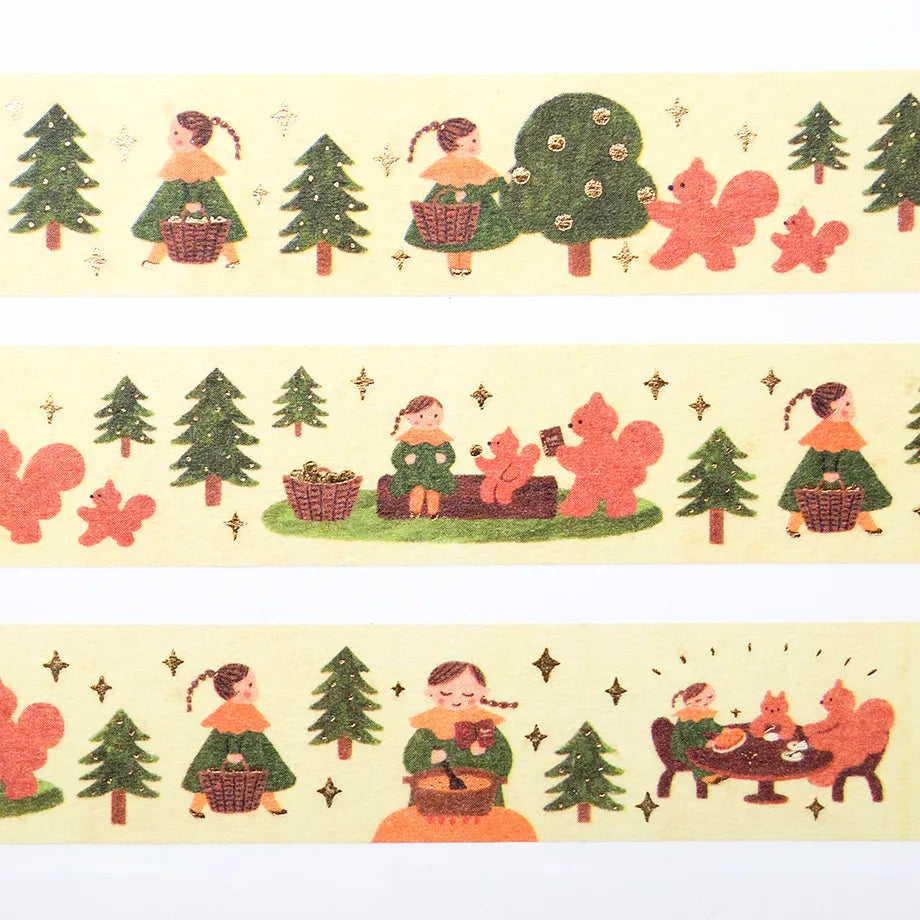 Illustrator Mariko Fukuoka's cute foil-embossed masking tape.
In the forest, a woman and squirrel, are gathering nuts and having a tea party. The sparkling gold foil stamping adds a design accent. Cut short to use as stickers, or as a pop point in wrapping or decoration.
✨ Product Features
Gold foil stamping for a subtle, elegant shine
Perfect for decorating planners, journals, cards, gifts, and scrapbooks
High‑quality Cozyca Products washi tape
Size: 20 mm × 5 m
