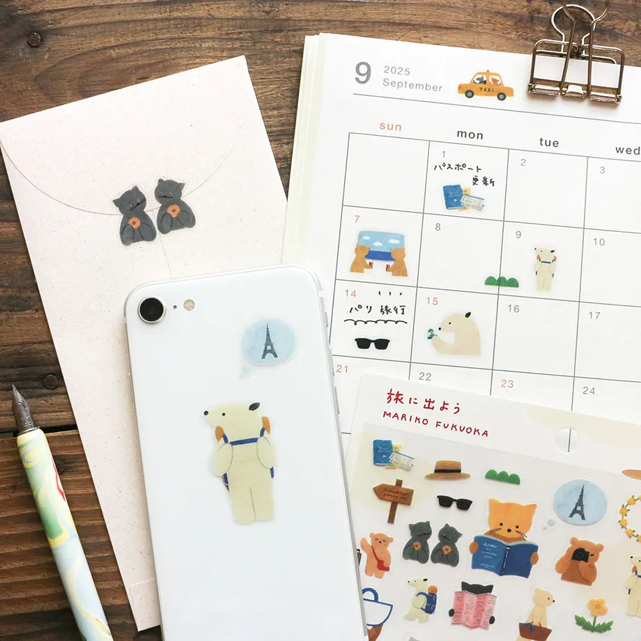 Stickers of illustrator Mariko Fukuoka. The dogs and cats traveling to various places are adorable. You can also do thorough research by looking at maps and guides.
Of course, it's great for decorating planners and small items, but making and sticking travel bookmarks is also wonderful. Please enjoy posting them everywhere!
Printed on PET material, the stickers have a smooth, durable finish that’s easy to peel and place - great for both everyday use and special projects.
✨ Product Details
Smooth, durabl