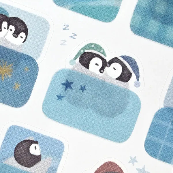 Relaxing Animals Night A series depicting each night of the animals that live leisurely.
This sticker contains two patterns: a cute penguin seal and a futon sticker.
The futon sticker is made of material that can be attached and peeled off, so you can enjoy layering it on the penguin
It is recommended for decorating notebooks.
2 Sheets included
Length 165Ă— width 90mm
Sticker with penguins: Japanese paper masking sticker
Sticker with futon: High-quality paper sticker 