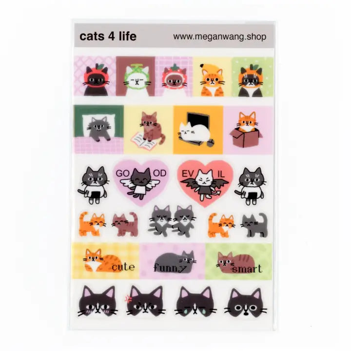 Explore the Cat 4 Life sticker sheet from Megan Wang.
As an illustrator known for her fun cat-themed creations, Megan adds a unique touch to your stationery routine.
This sticker sheet measures approximately 4"x6" and is a clear PET material.
Enhance your journaling with these unique stickers!
