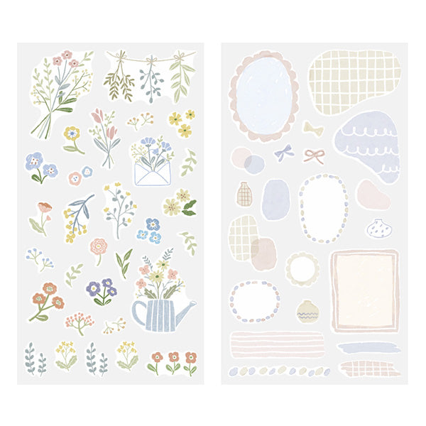 Midori - Floral Pattern Sticker Sheet
Easily and cutely arrange these stickers on your planners and notebooks. Each sticker comes in a set of two, each with a different design. Enjoy layering and arranging to fit your style. The
gently see-through stickers become even more enjoyable when layered. With stickers of various sizes and patterns, you can easily enjoy arranging your planner or notebook with just the stickers. With a masking sticker type, you can also easily reapply it after applying.
A w