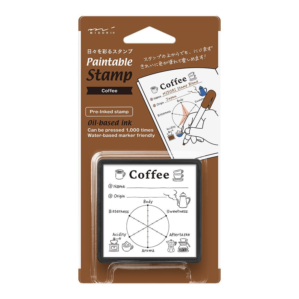 Midori Pre-inked Stamp-Coffee
This is an ink-penetrating stamp that can beautifully print even fine patterns, and can be painted over or used to write records or messages. It is a stacking type that can be stored by stacking. It is a square shape that is easy to press, and can be pressed approximately 1,000 times. 