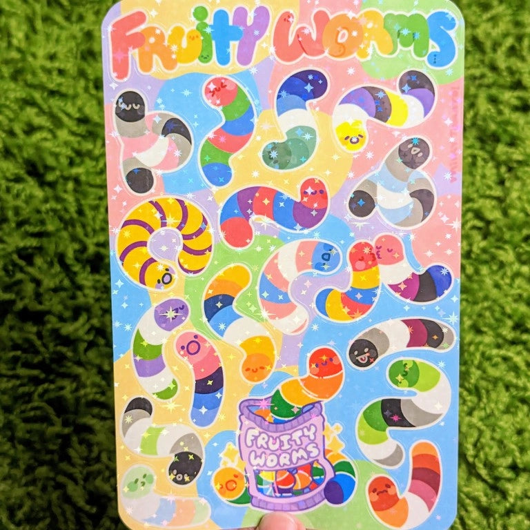 ❤ Fruity Worms Sparkly Pride Sticker Sheet ❤
♡ These worms are perfect for decorating your sketchbook cover, laptop, phone case, skateboard, and more!
