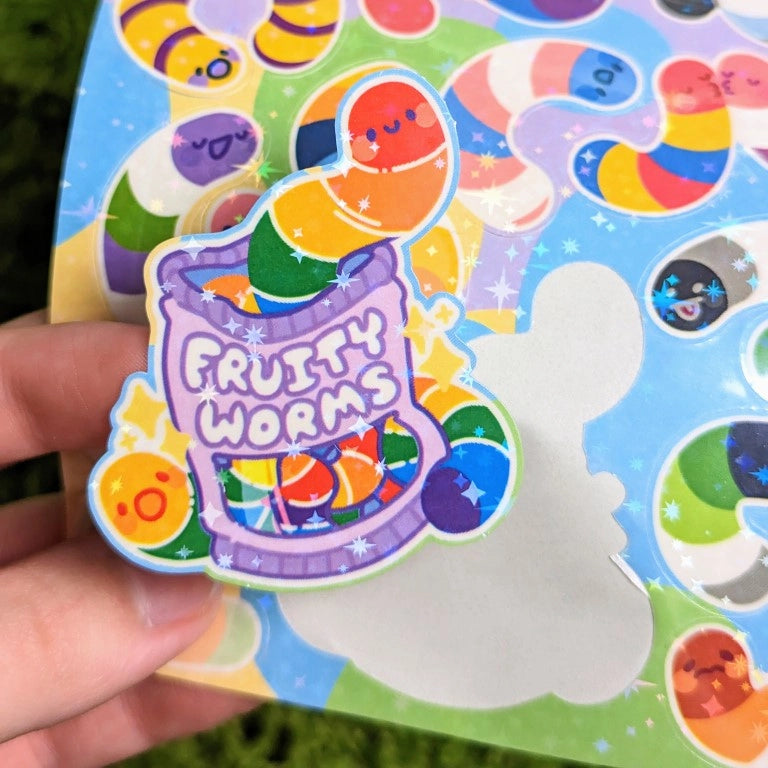 ❤ Fruity Worms Sparkly Pride Sticker Sheet ❤
♡ These worms are perfect for decorating your sketchbook cover, laptop, phone case, skateboard, and more!