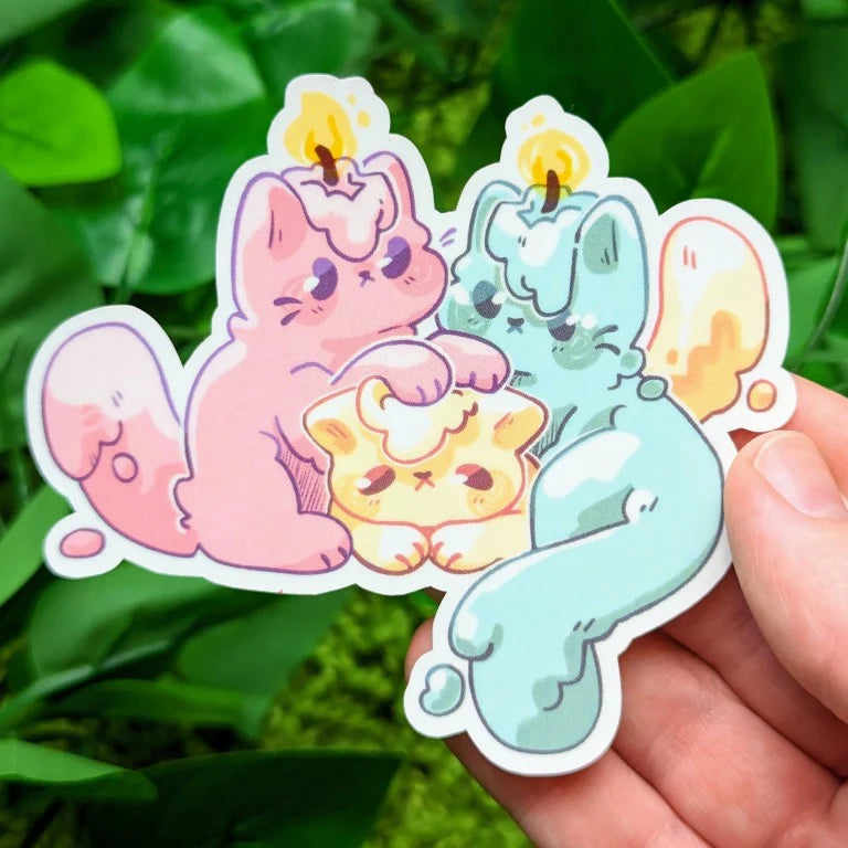 ❤ CANDLE KITTENS STICKERS ❤
These little kitties are playing with fire!!!
These cute stickers are perfect for decorating your sketchbook cover, laptop, phone case, skateboard, and more!
____________
Size: - 3.1x3.6"
Materials: Laminated Waterproof/Weatherproof Material
