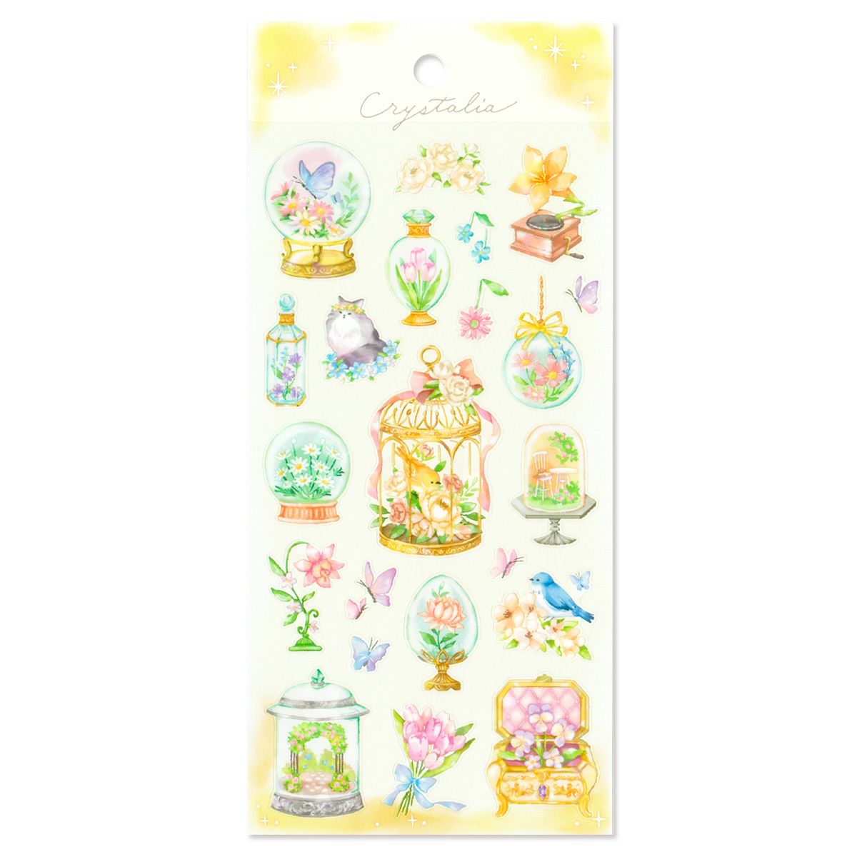 This is an illustration sticker that traps a fantasy world view and motif in a glass container like a snow globe or terrarium. It is a sparkling hologram specification.
• This package includes 1 sheet of sticker
• Material: Transparent PET Hologram Lamination
• Package measures approx. H202 x W93 x D1mm
• Made in Japan