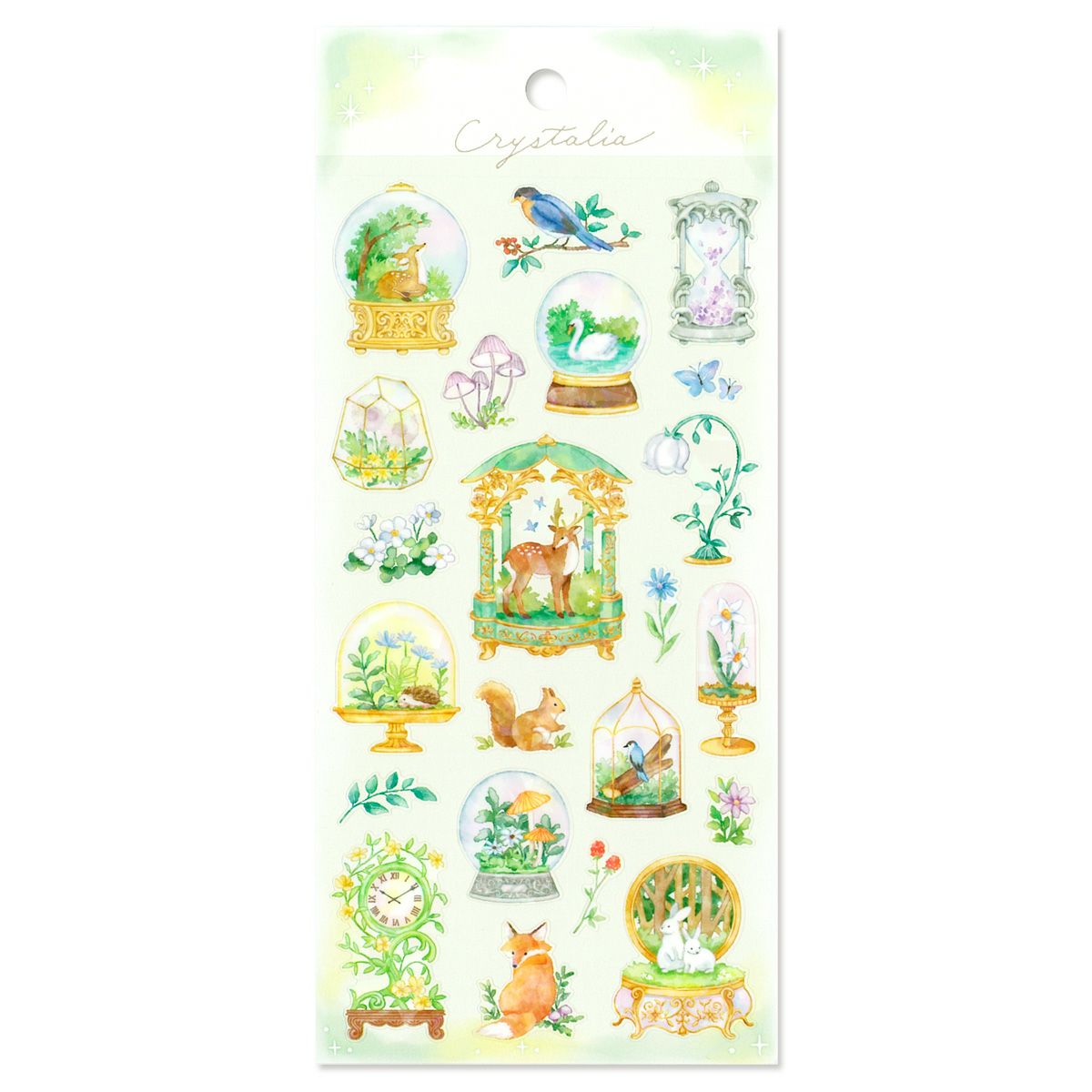 This is an illustration sticker that traps a fantasy world view and motif in a glass container like a snow globe or terrarium. It is a sparkling hologram specification.
• This package includes 1 sheet of sticker
• Material: Transparent PET Hologram Lamination
• Package measures approx. H202 x W93 x D1mm
• Made in Japan