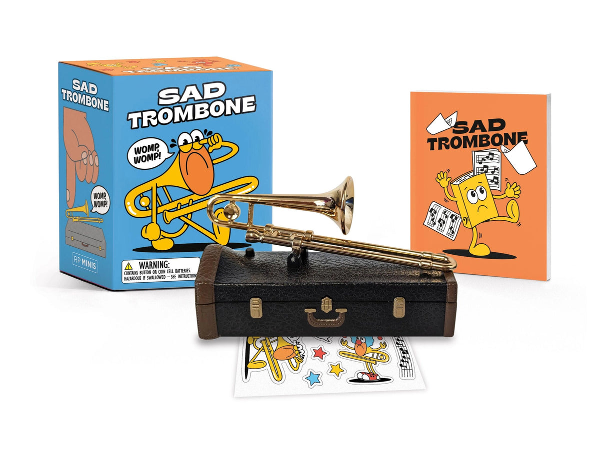 Womp, womp!
This Sad Trombone, positioned on trombone case base, includes everything you need to create a soundtrack for your epic fails:
Plays music: plays the notorious womp-womp-womp-womp sound when the trombone is slightly tilted
Trombone replica: Includes a 3" replica of a real trombone resting on a trombone case base
Includes Stickers: Two sticker sheets to decorate and personalize your trombone case.
Illustrated Mini book: Includes a 32-page mini book about the origins of the sad trombone notes and