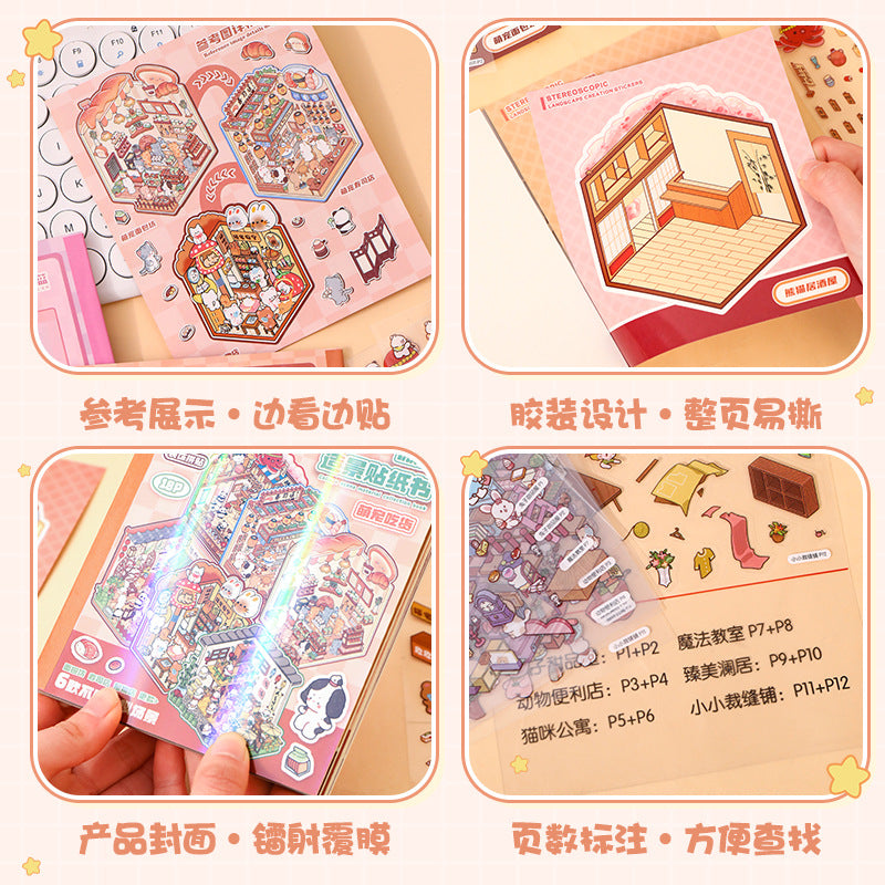 Unleash your creativity with these 3D scene stickers! Perfect for kids and adults, you can design your own miniature house scenes with six unique backgrounds and stickers. Enjoy hours of imaginative fun while enhancing creativity as you bring your dream cabin to life.
This set provides 12 sheets of PET stickers to decorate 6 different scene cards.