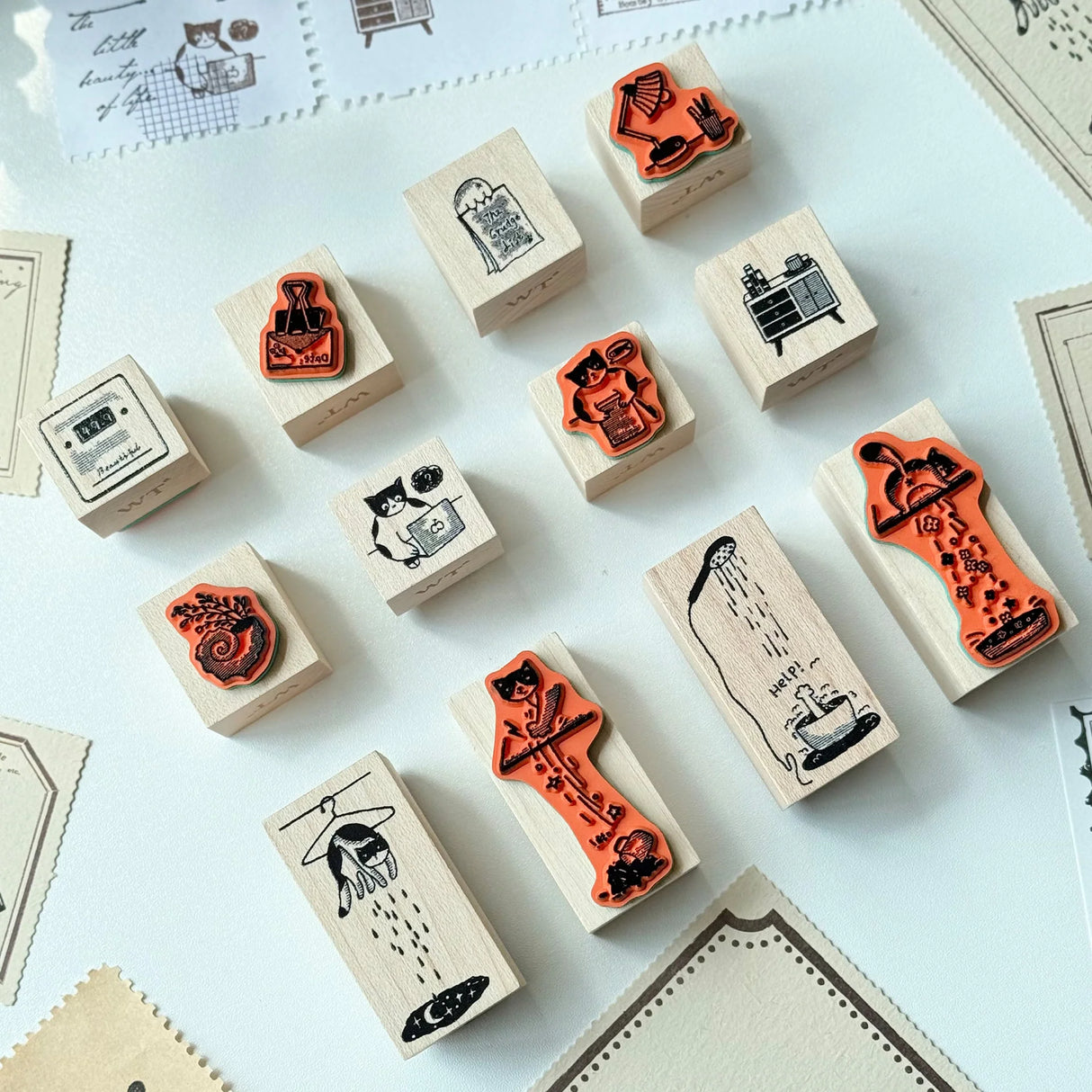Meet the cat who makes Mondays magical. Our Mischievous Cat Stamp Set illustrates her morning routine—from coffee cup mischief to dramatic stretches and playful distractions. She’s cute, a little chaotic, and endlessly relatable. Use these stamps to decorate your spreads and give your week a lighthearted, whimsical start.
Easy to clean with ordinary alcohol wipe, alcohol gel, or special seal cleaner.
Brand: WT (The Washi Tape Shop)
Box size: 10cm × 10cm × 3.5cm
Stamp size:
22mm x 20mm x 4 pieces
22mm x 24