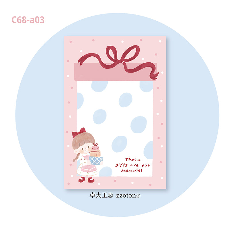 Molinta - Gift Box A7 Notepad
Enjoy 50 sheets of this adorable design of a gift box notepad! It can be personalized with hole punches to add to your binder or be pasted in your notebook to brighten up your pages.
Specifications: 80mmx120mm
Material: 100g white kraft paper
Number of pages: 50