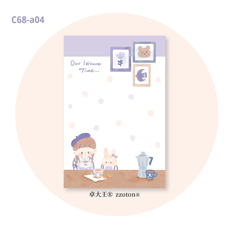 Molinta - Leisure Moment A7 Notepad
Enjoy 50 sheets of this adorable design of spending leisure moments with tea while relaxing! It can be personalized with hole punches to add to your binder or be pasted in your notebook to brighten up your pages.
Specifications: 80mmx120mm
Material: 100g white kraft paper
Number of pages: 50