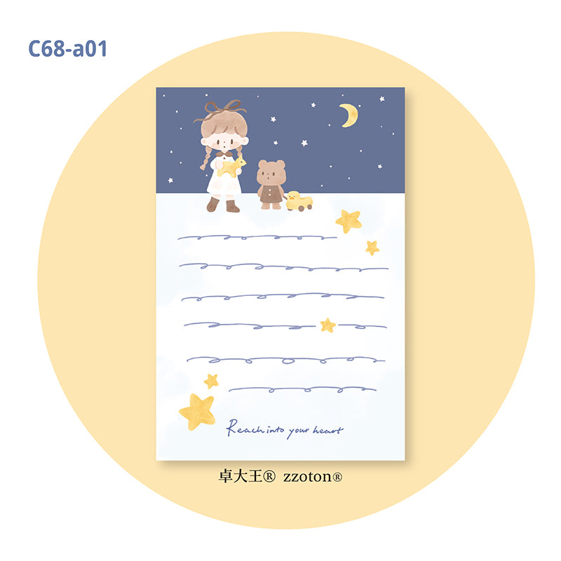 Molinta - Under the Moon A7 Notepad
Enjoy 50 sheets of this adorable design of stars and moonlight in a notepad! It can be personalized with hole punches to add to your binder or be pasted in your notebook to brighten up your pages.
Specifications: 80mmx120mm
Material: 100g white kraft paper
Number of pages: 50