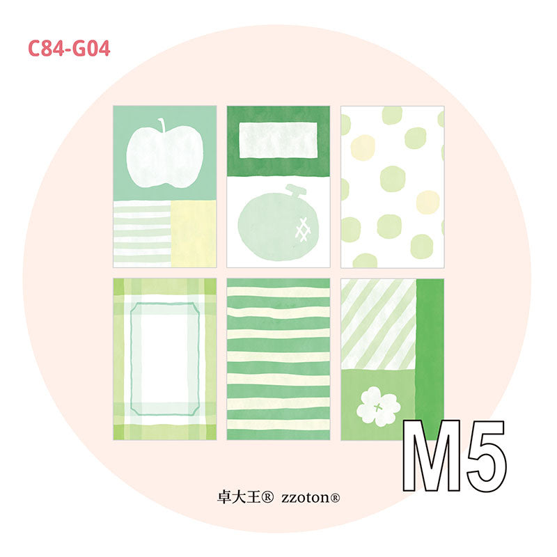 Molinta M5 Memo Sheets - Green Story
Enjoy these cute memo sheets with 6 different patterns front and back! With 4 sheets of each pattern, you get a generous stack of beautifully coordinated designs that fit effortlessly into any M5 setup.
Specifications: 67mm x 105mm
Material: 120g cotton paper
Double-sided
Number of pages: 24