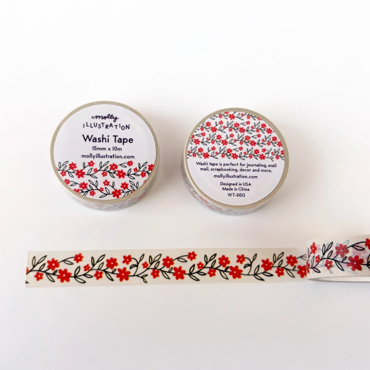 Molly Illustration - Red Scrolling Flower Decorative Washi Tape
This washi tape is my own original design.
Each decorative washi tape roll is 15mm wide and 10m in length and comes vacuum sealed in plastic with a matching sticker label.