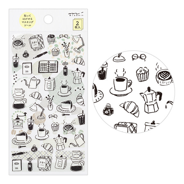 The "Monotone Cafe Pattern" also includes motifs such as coffee, fountain pens, and ink.
A wide variety of sticker designs to use with your notebook
These peel-and-stick washi stickers will make your daily records more fun. Simply stick them freely on the margins of your notebook to create a gorgeous page. It comes in a pack of 2 sheets, a small size that is perfect for monthly blocks and a large size that is convenient for filling in the blanks.