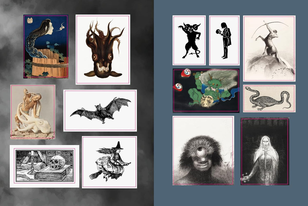 Explore the dark and macabre world of mythology and monsters with 500+ stickers, 50+ activity pages, puzzles, and trivia.
With the Monsters, Mayhem, and Myths Sticker, Color & Activity Book, you can express both your creative and dark side with:
Exquisitely illustrated stickers: Use them to decorate envelopes, gift wrap, letters, scrapbooks, journals, or photo albums. On the backs of the sticker pages are quotes about various monsters and myths.
Creepy coloring pages, featuring line-drawn images of all k