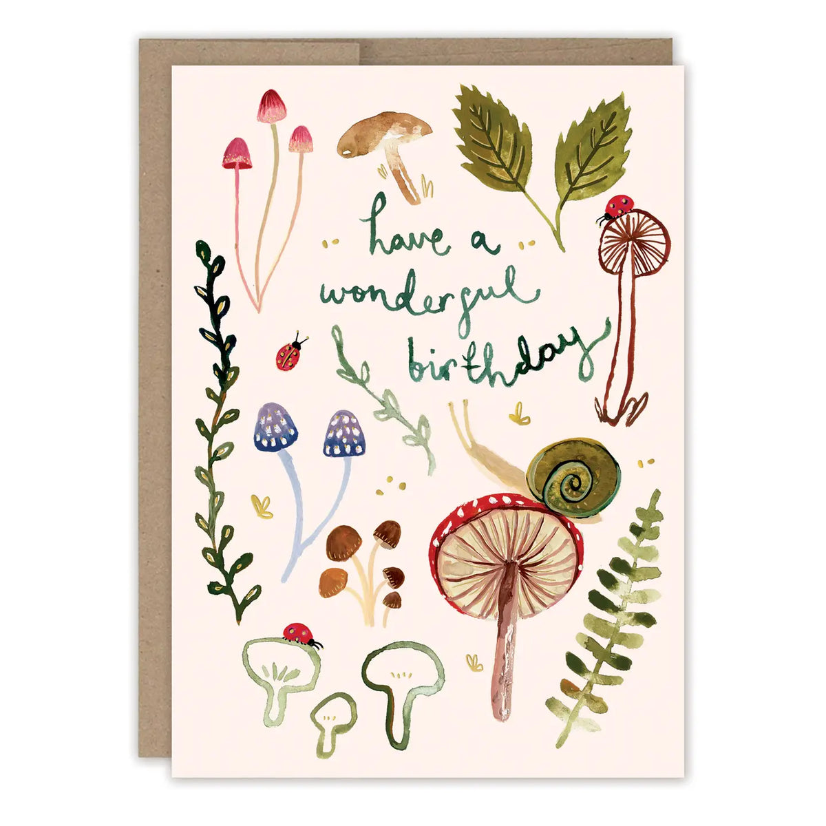 Mushrooms Wonderful Birthday Card
Inside verse: Wishing you a magical year ahead
• Gold foil details
• Illustrated by Louise Mulgrew
• Size: A6, 4.5" x 6.25"
• Paired with Brown Kraft envelope
• Printed in the USA on high-quality, recycled paper
About The Artist: Working with gouache and watercolor, Louise designs in her tiny studio in Brighton, England, inspired by her love of all animals, and passion for the natural world. Louise was named 2023 Artist of the Year by the USA Greeting Card Association.
