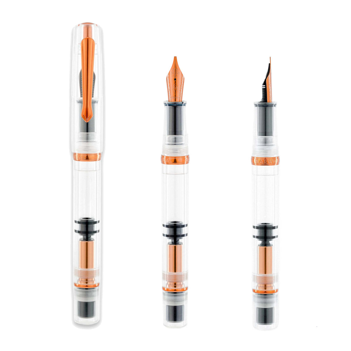 The Original: Summer follows in the footsteps of the provenly popular Original: Spring. Made out of a clear acrylic, the only colored parts of the pen are the: clip, ring, piston and nib. These components have been plated in a bright coppery orange. As always, the Original: Summer uses our in house stainless steel nibs and this demonstrator has a full view of the piston filling system.