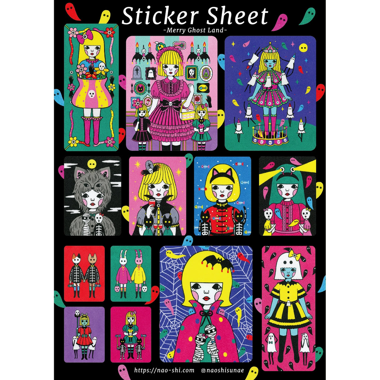 Merry Ghost Land sticker sheet is perfect for decorating your journal, binder, planner, scrapbook or laptop.
*The size shown is a rough dimension of the characters (stickers). *The colors on actual print may vary slightly from what you see on your computer monitor. ---Copyright ©Naoshi / ALL RIGHTS RESERVED. ---