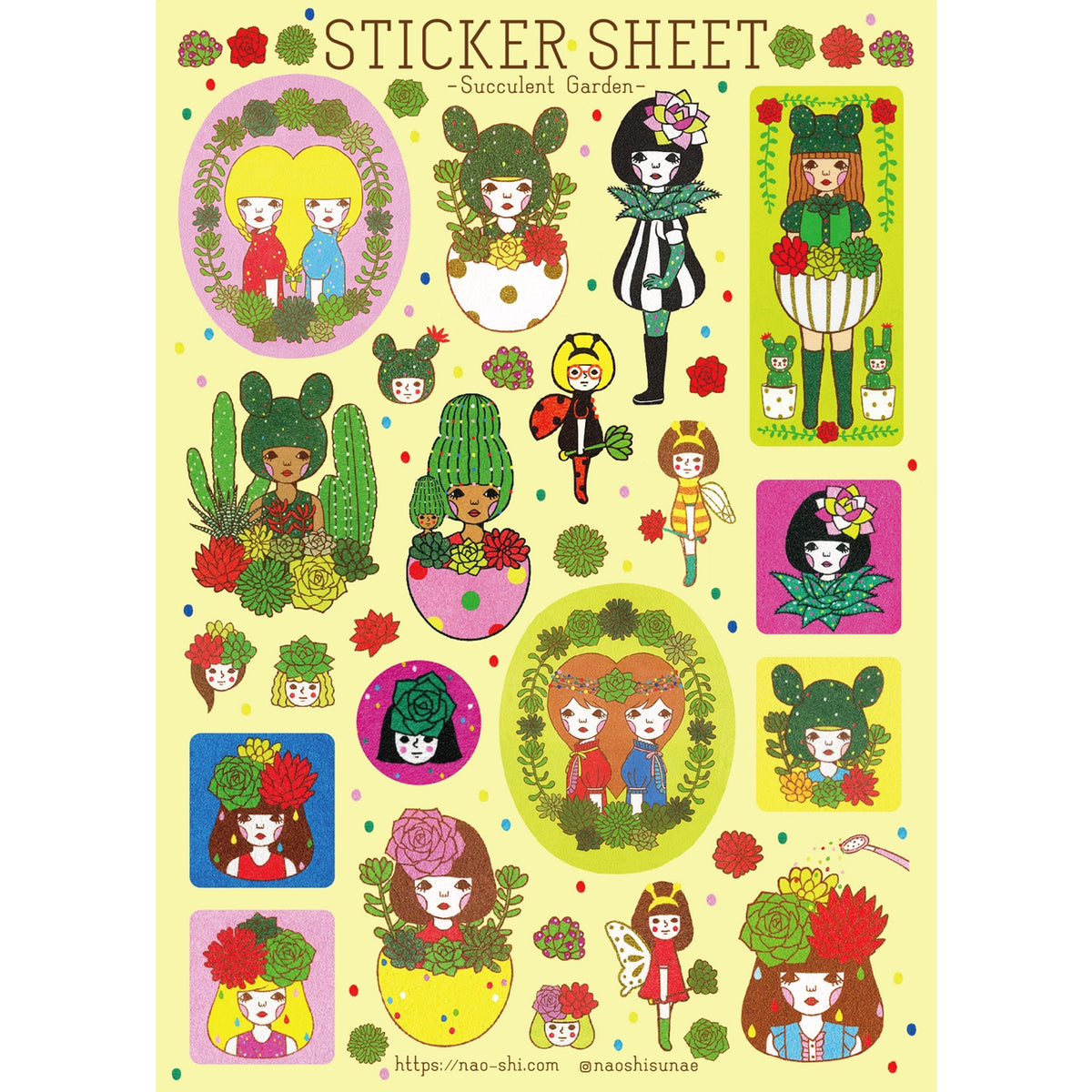Succulent Garden sticker sheet is perfect for decorating your journal, binder, planner, scrapbook or laptop.
*The size shown is a rough dimension of the characters (stickers). *The colors on actual print may vary slightly from what you see on your computer monitor. ---Copyright ©Naoshi / ALL RIGHTS RESERVED. ---