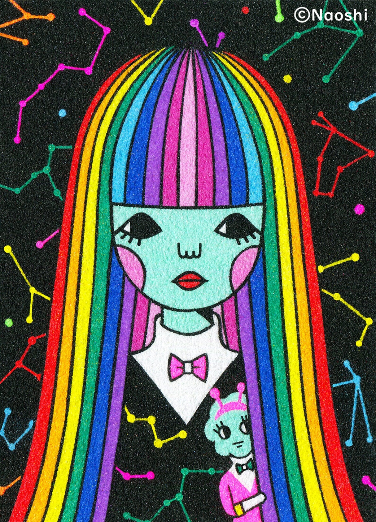 Naoshi Alien Nijiko Postcard
These postcards are featuring striking colorful and whimsical world. Artwork made with colored sand and then scans them in high quality.
