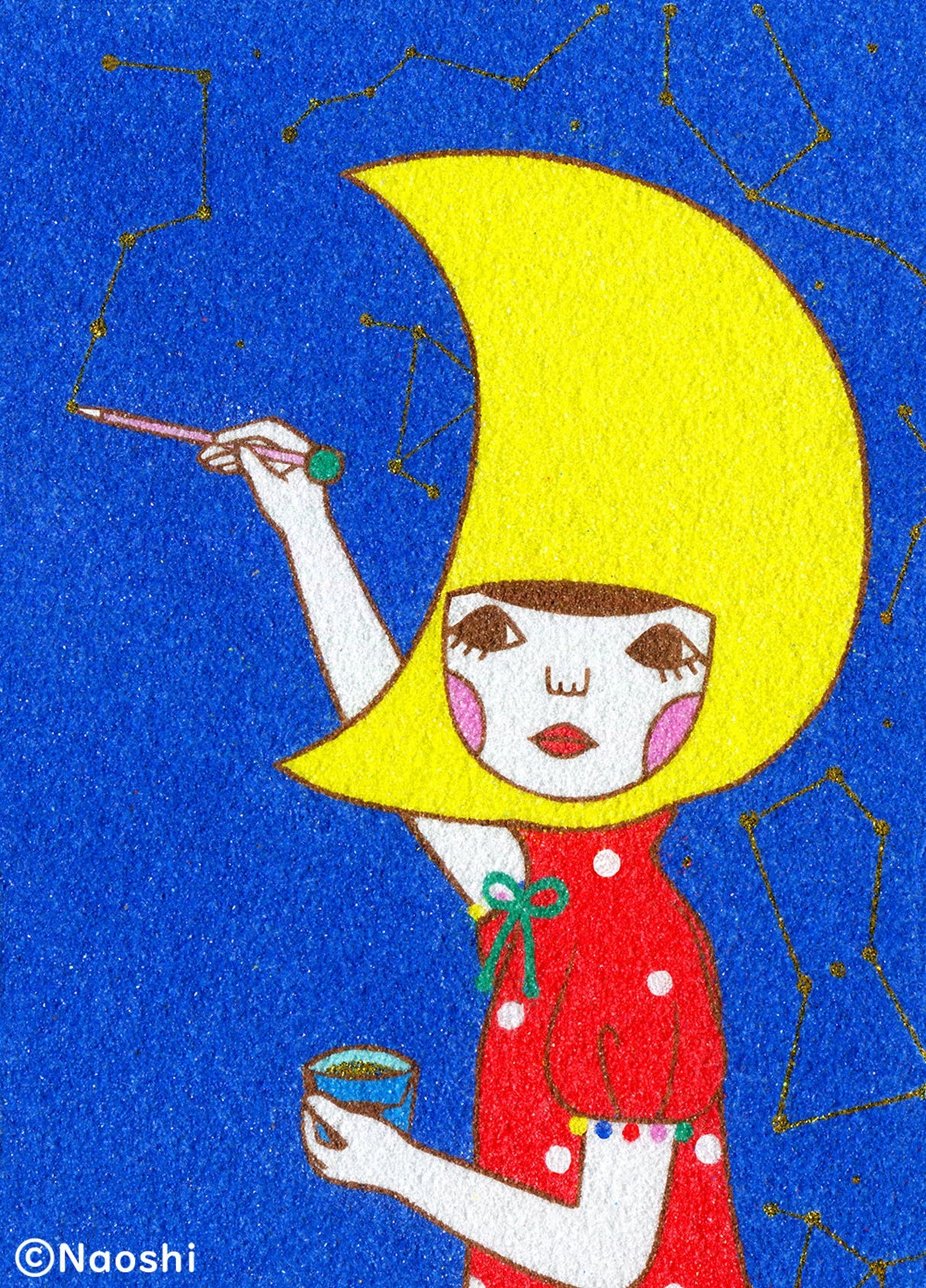 Naoshi Painter Luna Postcard
These postcards are featuring striking colorful and whimsical world. Artwork made with colored sand and then scans them in high quality.