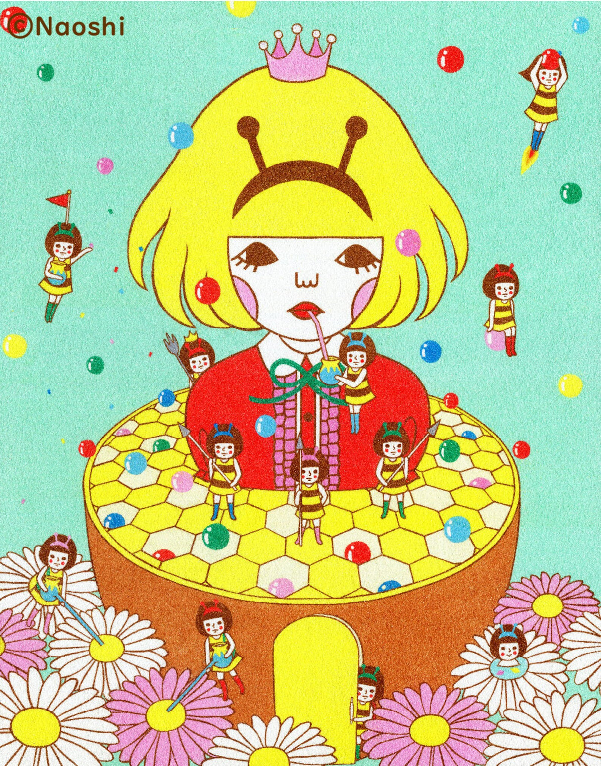 Naoshi Queen Bee Postcard
These postcards are featuring striking colorful and whimsical world. Artwork made with colored sand and then scans them in high quality.