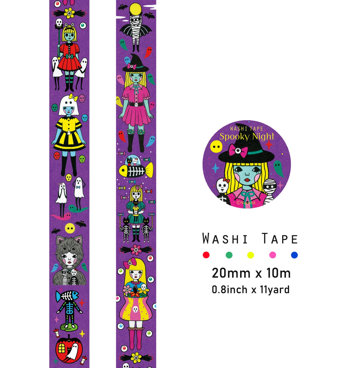 Spooky Night washi tape is great for scrapbooking and card making, wrapping gifts, letters, and journals!
Each tape comes wrapped and with labels on the front and back.
【Width】 2cm (0.8 inch) 【Length】10m (11 yard)